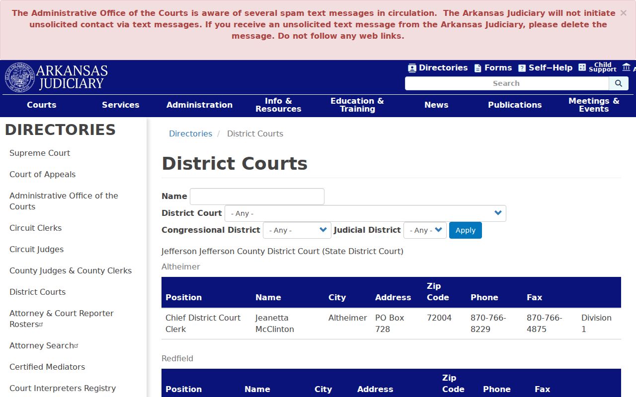 Arkansas district court directory entry for Altheimer court docket access
