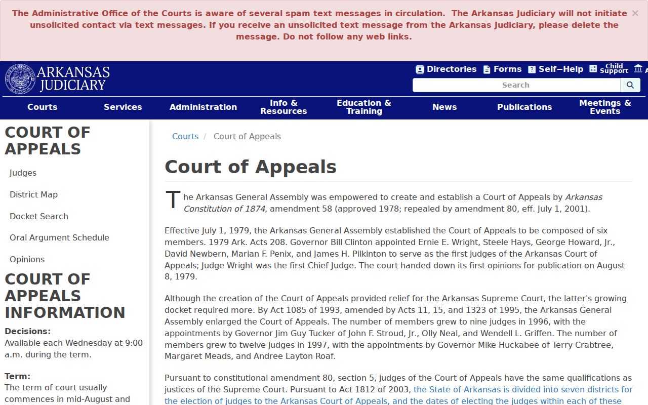 Arkansas Court of Appeals schedule beyond Jefferson County court calendar