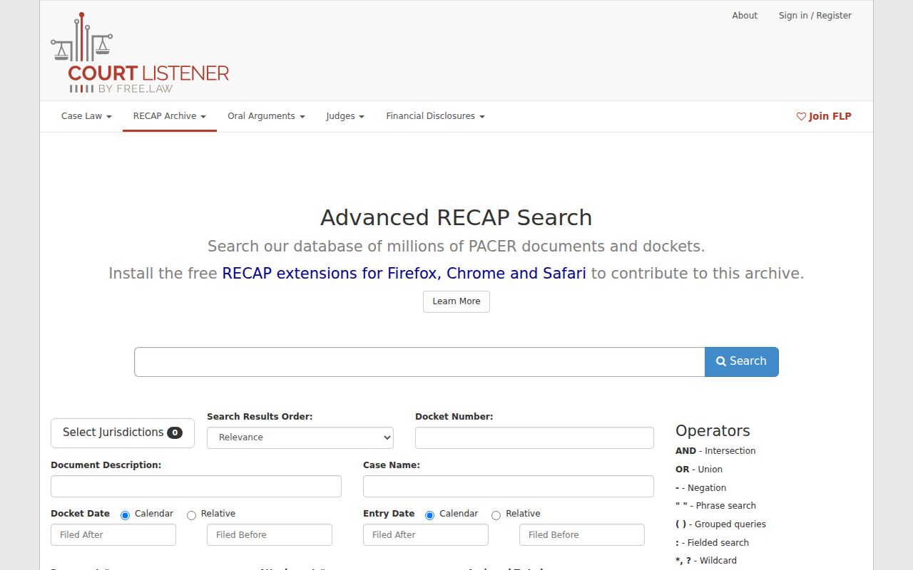 CourtListener RECAP federal docket repository used outside Jefferson County state case search