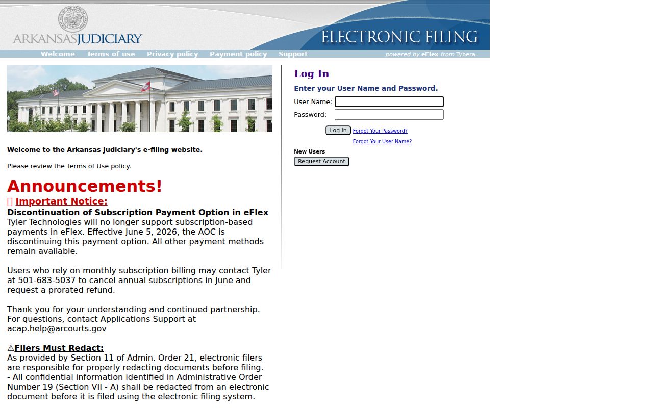 Arkansas eFlex portal for Jefferson County civil docket filings