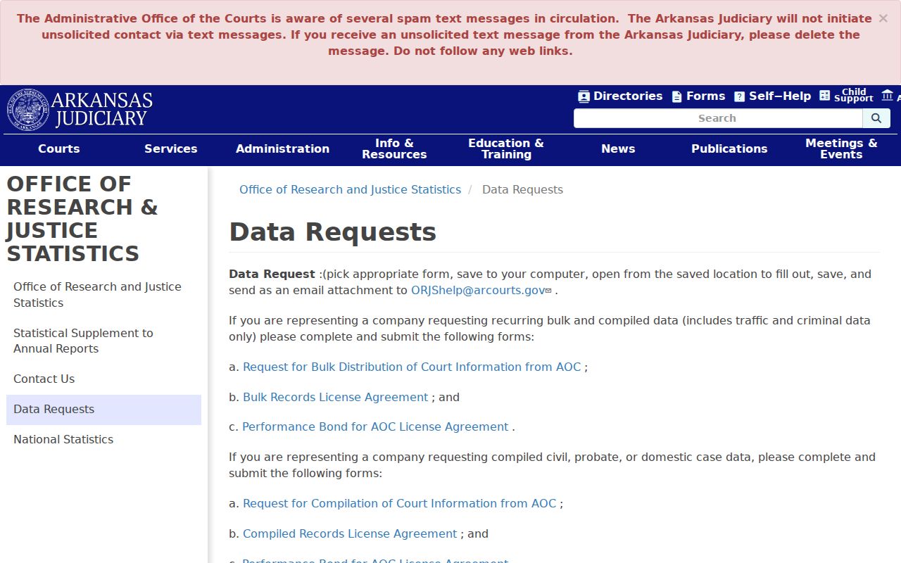 Arkansas AOC compiled court data request page for Jefferson County research