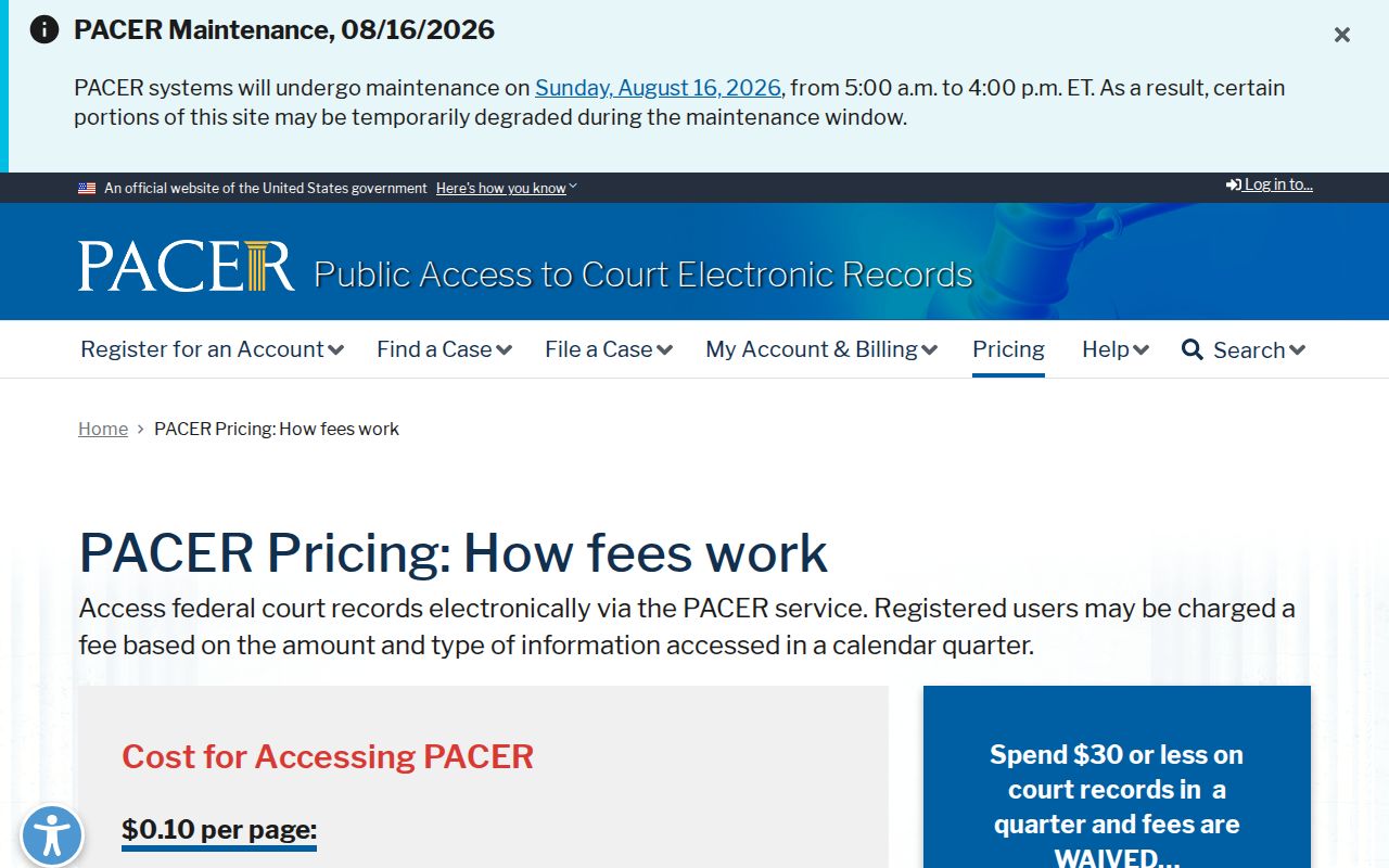 PACER pricing and fee waiver information for federal court records