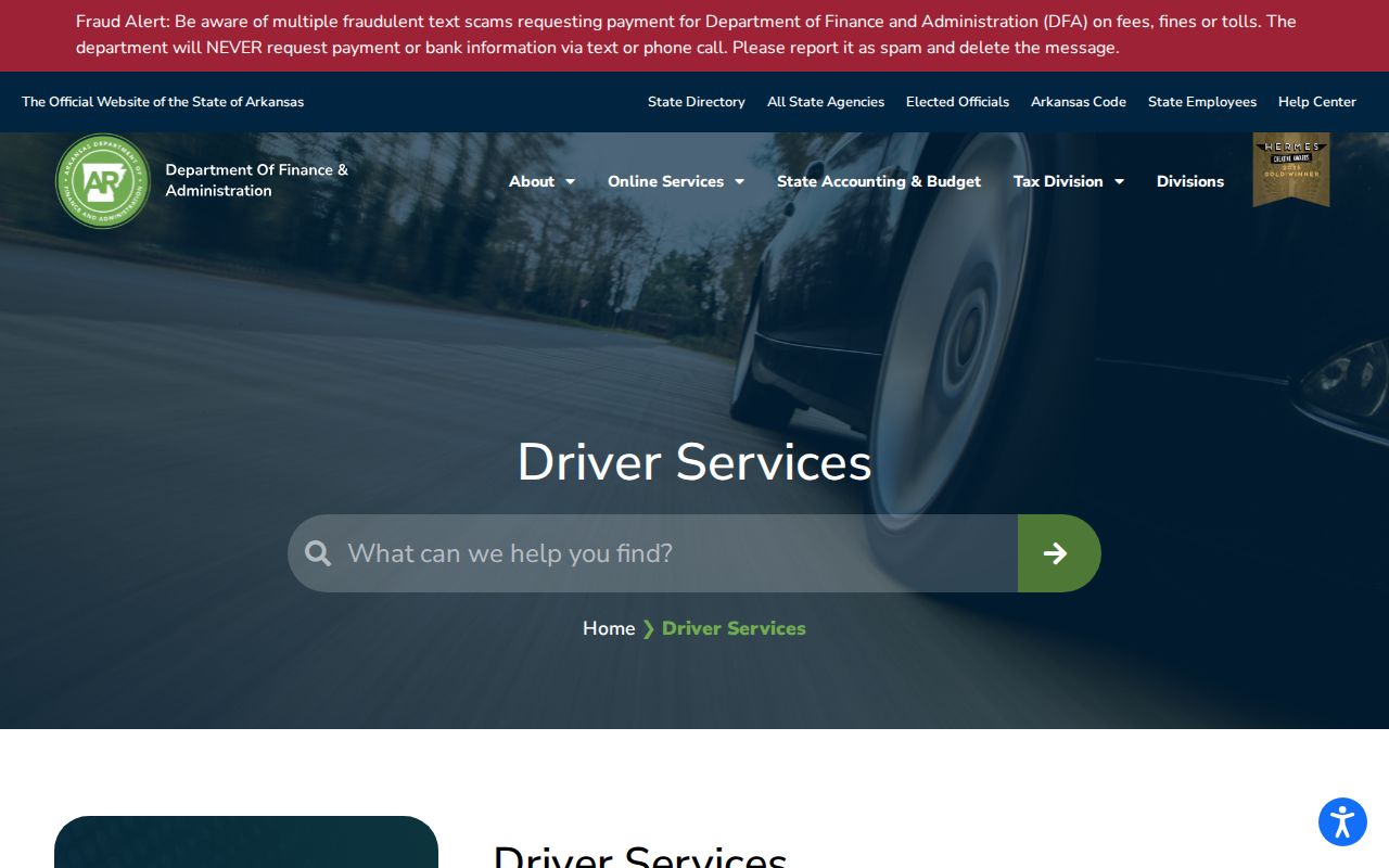 Arkansas Driver Services page showing the separate state custodian from Jefferson traffic court