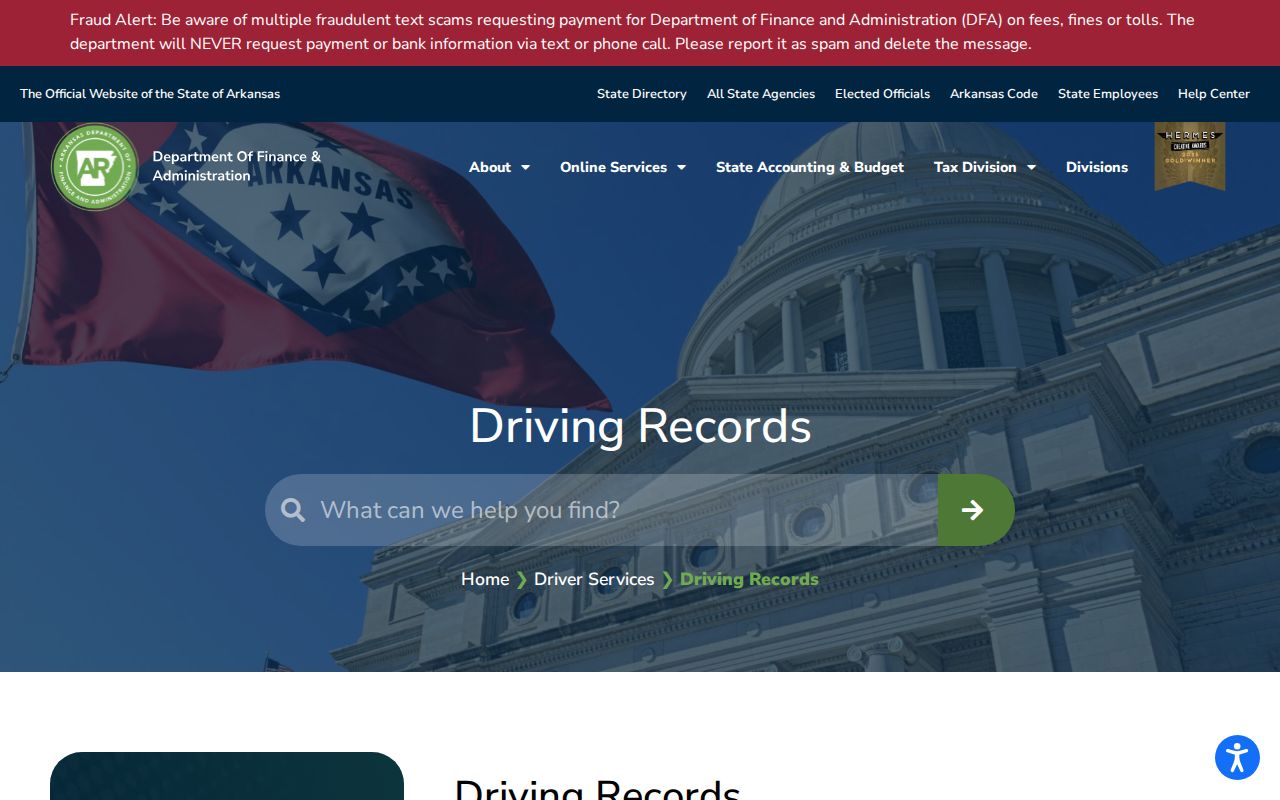 Arkansas DFA driving record request information separate from Jefferson traffic court records